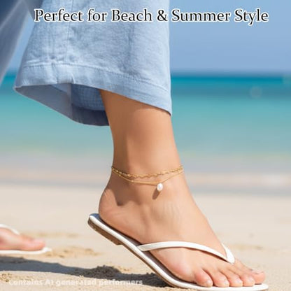 Pearl Anklet Waterproof Anklet for Women, 14K Gold Plated Double Layer Chain with Mini Pearl Beads, Adjustable Beach Foot Jewelry Gift