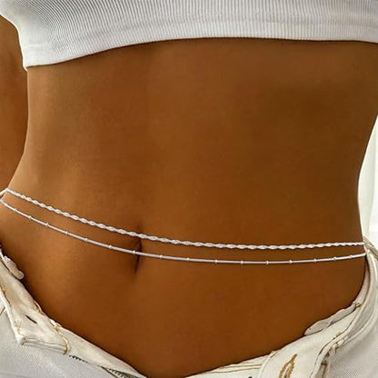 Coshilta Silver Waist Chain Satellite Body Chain Layered rope Waist Chains 2PCS 14k Gold Plated Sexy Bikini Beach Waist Chain for Women Waterproof Adjustable 26.5-33Inch