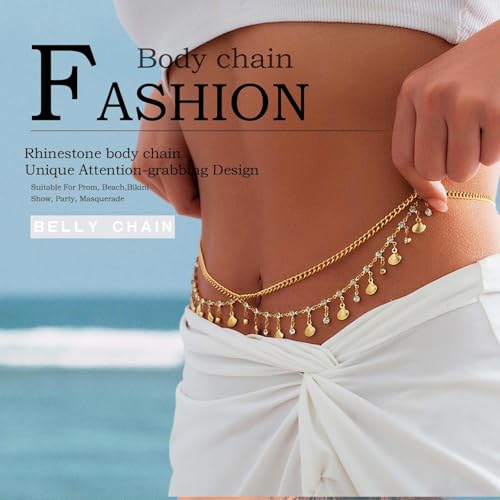 Florry Rhinestone Belly Chain Sequin Waist Chain Bikini Body Jewelry Chains Beach Belly Chain for the Waist Tassel Layered 18K Gold Body Chains for Women - color: Shell