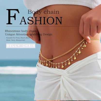 Florry Rhinestone Belly Chain Sequin Waist Chain Bikini Body Jewelry Chains Beach Belly Chain for the Waist Tassel Layered 18K Gold Body Chains for Women - color: Shell