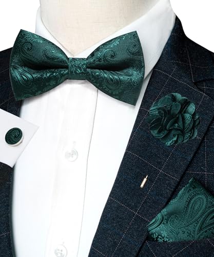 JEMYGINS Mens Paisley Bow Tie and Lapel Pin Necktie Pocket Square and Tie Clip with Sets for Business Casual 4PCS - color: Emerald Green
