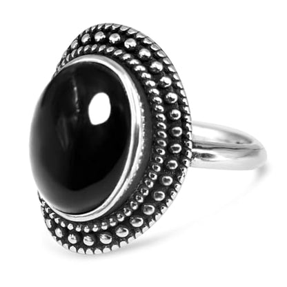 Natural Oval Stone Boho Ring,Retro Antique S925 Sterling Silver Crystal Quartz Gemstone Bohemian Statement Handmade Ring Jewelry for Women Her - color: B05_Black Agate