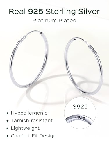 ChicSilver 925 Sterling Silver Hoop Earrings for Women Hypoallergenic, Lightweight Large Gold Plated Silver Hoop Earrings, Endless Hoops Earring 20/30/40/50/60/70MM - color: A. High Polished Silver, size: 40mm