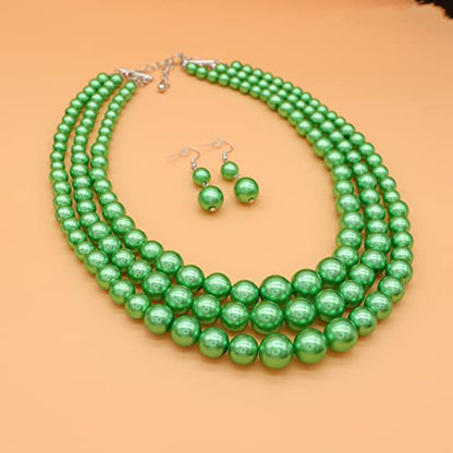 Chunky Layered Imitation Pearl Necklace for Women 3 strand Pearl Necklaces Faux Pearl Necklace Earrings Set 1920s Flapper Gatsby Costume Accessories - color: 3 strand pearl necklace green