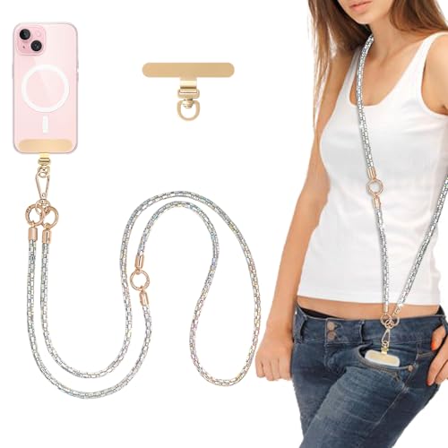 Crystal Phone Strap Crossbody Rhinestone Anti Theft Layered Strap Crossbody Gold Metal Buckles Cell Phone Neck for Women (White) - color: White