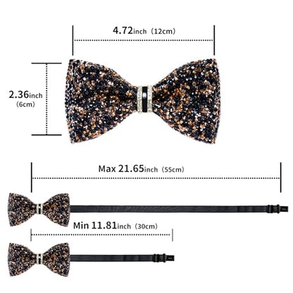 DiBanGu Mens Rhinestone Bow Tie with Ring and Lapel Pin Set | Adjustable Strap,Pre-tied Style,3PCS,Sequin Diamond Bowties，Solid/Mix Color,Shiny Accessory,for Party Prom Banquet Wedding - color: Black and Gold