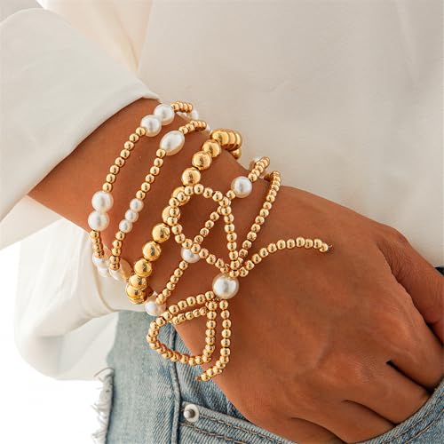 COLORFUL BLING Bow Bowknot Faux Pearl Beaded Ball Stretch Bracelet for Women Friend Jewelry Gift Adjustable Stackable Bracelet - color: A bow gold