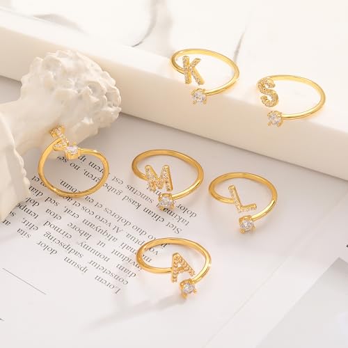 KOHOTA Gold Silver Initial Rings for Women Non Tarnish Adjustable Ring | 14K Gold Plated Stackable Ring for Women Trendy, Letter CZ Thumb Pinky Ring, Dainty Open Birthday Jewelry Gifts - color: GOLD-B