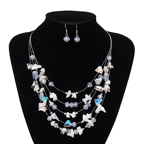 Multi-Layer Boho Shell Beaded Necklace for Women Colorful Crystal Strand with Silver Beads Statement Collars Necklace and Earrings Costumes Jewelry Sets for Women - color: 45-White