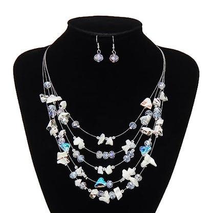 Multi-Layer Boho Shell Beaded Necklace for Women Colorful Crystal Strand with Silver Beads Statement Collars Necklace and Earrings Costumes Jewelry Sets for Women - color: 45-White