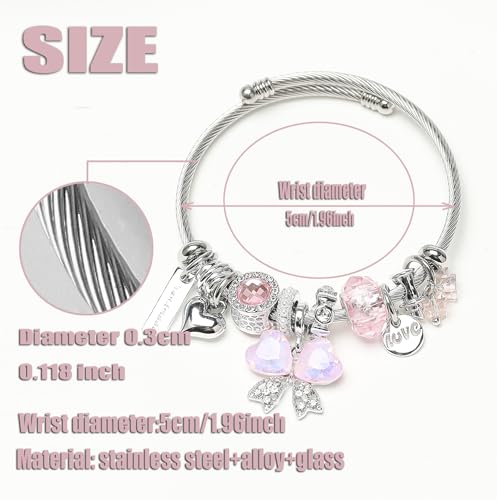 DS Charm Bracelets for girls,exquisite cute cartoon friendship bracelets Silver Stainless Steel Bangle with birthday Gift box, Adjustable girls jewelry Suitable for holiday gifts - style: Silver-pink butterfly 3