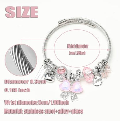 DS Charm Bracelets for girls,exquisite cute cartoon friendship bracelets Silver Stainless Steel Bangle with birthday Gift box, Adjustable girls jewelry Suitable for holiday gifts - style: Silver-pink butterfly 3