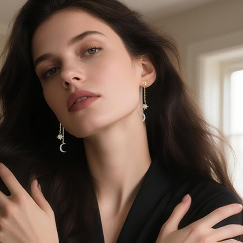 Moon and Star Dangle Earrings | Chain Tassel with Cubic Zirconia Drop Front and Back Earrings Celestial Jewelry for Wedding Gift - color: Gold and Silver