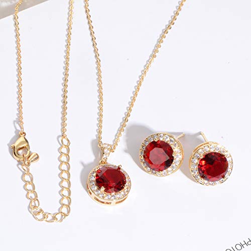 Bridal Crystal Jewelry Set - Sterling Silver Round Cubic Zirconia CZ Rhinestone Halo Birthstone Pendant Necklace Stud Earrings Set for Wedding Bride Bridesmaids Birthday Gift - color: Ruby Red