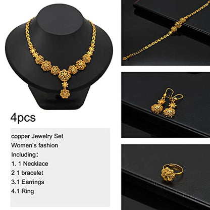 indian Women Jewelry Necklace Set african Dubai Bride Wedding Prom Fashion Jewelry 24K Gold Plated Necklace Bangles Rings Earrings - color: S-04