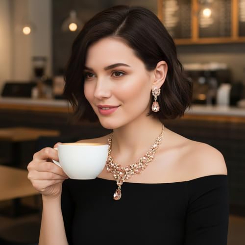 Hicarer Bridal Teardrop Cluster Crystal Jewelry Set for Women Necklace Earrings Wedding - color: Light Peach