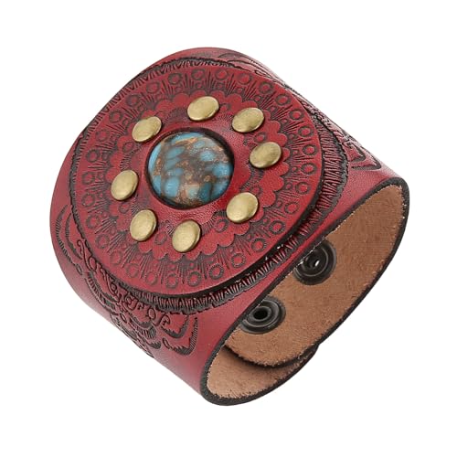 HZMAN Vintage Turquoise Leather Bracelet, Adjustable Punk Sunflower Cuff Bracelet for Men Women - color: Wide-Red