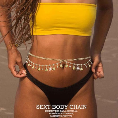 Florry Rhinestone Belly Chain Sequin Waist Chain Bikini Body Jewelry Chains Beach Belly Chain for the Waist Tassel Layered 18K Gold Body Chains for Women - color: Shell