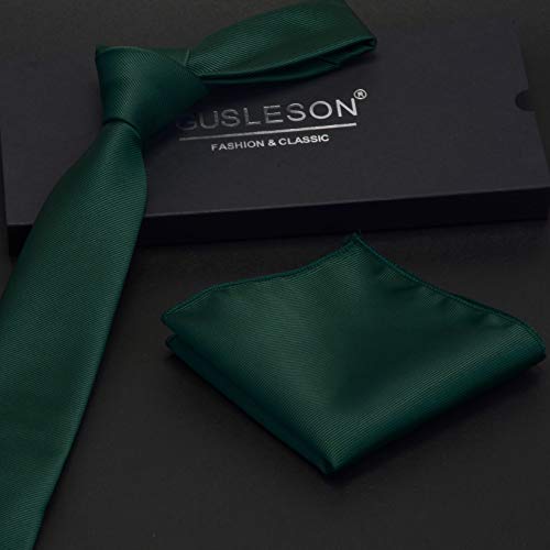 GUSLESON 2.4" Slim Necktie and Handkerchief Set For Men Solid Skinny Tie Set - color: Green