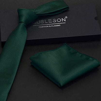 GUSLESON 2.4" Slim Necktie and Handkerchief Set For Men Solid Skinny Tie Set - color: Green