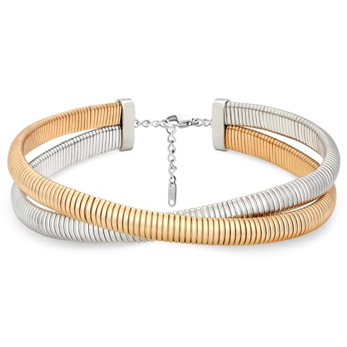 Chunky Gold Choker Necklace for Women, 14K Gold Plated Snake Chain Statement Necklace Triple Twsited Layered Choker Necklaces Jewelry Gifts - style: 2 LAYER/14K GOLD&SILVER