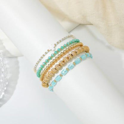 Dainty Gold Plated Pearl Crystal Beaded Bracelets Set for Women 14K Gold Plated Bead Pearl Beads Bracelet Stackable Paperclip Link Chain Bracelets Gold Plated Bracelets for Women Trendy Jewelry - color: Style4-gold bracelets set5