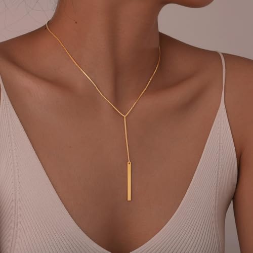 Stainless Steel Box Chain Y-Necklace, Long Rectangular Tassel Pendant, Gold Minimalist Choker 40cm for Women