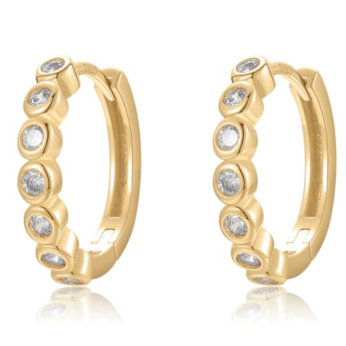 Round Huggie Ear Cuff Gold Earrings for Women | 18K Gold Plated Cubic Zirconia Sparkling | Clip On Cartilage| Simulated Diamond Bezel-Set CZ Huggie Hoop Earrings - color: Huggies - Yellow Gold