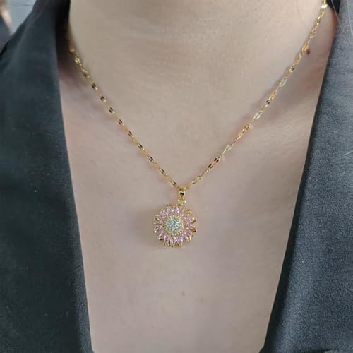 Sunflower Fidget Necklace for Women Gold Moon Necklace Rotating Heart Necklaces Spinning Crystal Flower Anxiety Necklaces Crescent Moons Jewelry Accessories - color: Pink