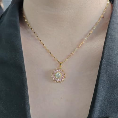 Sunflower Fidget Necklace for Women Gold Moon Necklace Rotating Heart Necklaces Spinning Crystal Flower Anxiety Necklaces Crescent Moons Jewelry Accessories - color: Pink