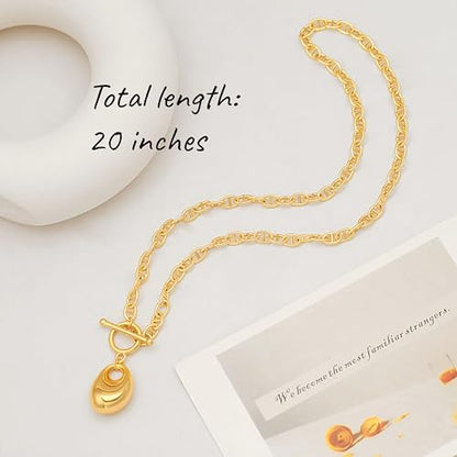 18k Gold Plated Chain Link Necklace for Women, Baroque Pearl/Compass Pendant Necklace - color: Pebble