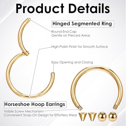 SynHHergyx 6 Pcs Nose Septum Rings 16G Horseshoe Lip Earring Ring Hoops Nose Piercing Jewelry 8mm 10mm 12mm Eyebrow Hoop Rings Piercing Jewelry - color: Gold