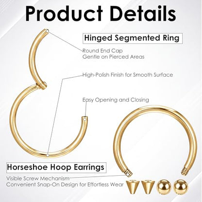 SynHHergyx 6 Pcs Nose Septum Rings 16G Horseshoe Lip Earring Ring Hoops Nose Piercing Jewelry 8mm 10mm 12mm Eyebrow Hoop Rings Piercing Jewelry - color: Gold