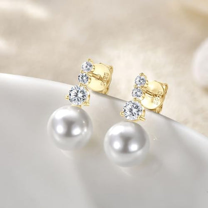 925 Sterling Silver Pearl Drop Earrings for Women, June Birthstone Long Dangle Pearl Jewelry Gifts for Her - color: 7.5-8mm Gold