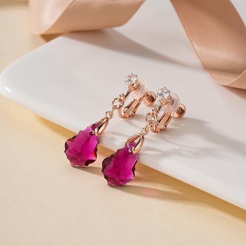 Austrian Crystal Baroque Drop Clip On Dangle Earrings for Women Non Pierced 14K Rose Gold Plated Hypoallergenic Jewelry - color: Fuchsia