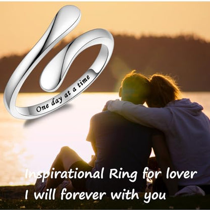 Fookduoduo 925 Sterling Silver Ring Inspirational Jewelry adjustable Wrap Open Rings for Women - style: One Day a Time