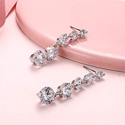 Women's Cubic Zirconia Bridal Earrings - Elegant Long Wedding Party Prom Earring for Bride Bridesmaids Crystal CZ Rhinestone Chandelier Statement Dangle Drop Earrings for girls - color: 5 Round CZ Drop Earring-silver