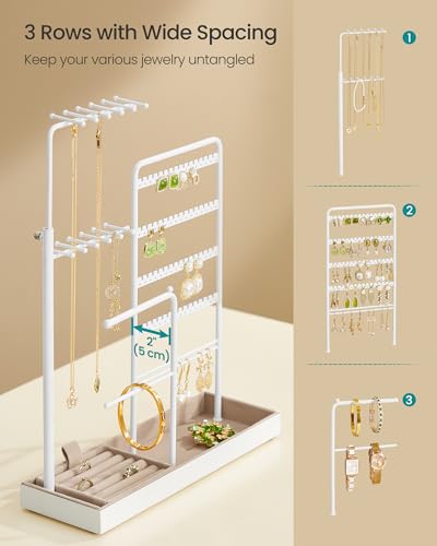SONGMICS Jewelry Holder, Metal Frame, Velvet Tray, Matte White | Jewelry Storage Organizer Stand with Metal Frame, 12.1 to 18.7 Inches Tall Height Adjustable Necklace Holder for Rings - color: Matte White