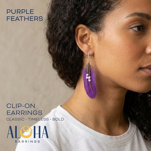 Aloha Earrings-Clip On Real Feather Earrings-Dangle Clip On Earrings Tassel Long Clip Earrings Bohemian - color: Purple Feathers
