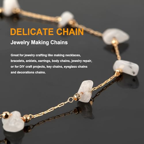 KYUNHOO Gold Plated Chain for Jewelry Making with Jump Rings Lobster Clasps | 16.4 Feet KC Gold Plated Brass Jewelry Chains White Handmade Raw Stone Chain Links on Roll for DIY Jewelry Crafts - color: Natural Stone-White