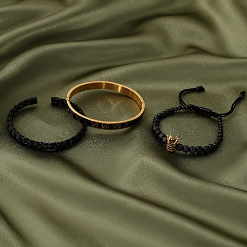 WFYOU 3PCS Stainless Steel Imperial Crown Bracelets for Men Gold Roman Numeral Bangle Bracelet Adjustable Cuff Bracelet Mens Luxury Jewelry Gifts - style: 02:Black & Gold-Roman Numeral