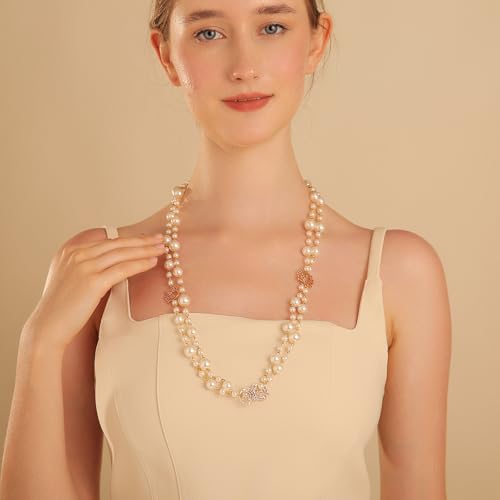 Simulated Pearl Strand Layered Necklace for Women, Multi Strand Long Necklace, Dainty Sweater Necklace for Party Costume Jewelry - style: Moon Star