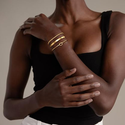 14K Gold Plated Stackable Bangle Bracelets for Women | Dainty Cuff Bracelets, Stackable for Women, Waterproof Bracelet Stack, Gold Jewelry Gifts Trendy Adjustable Accessories - color: 3-layer-G-Gold