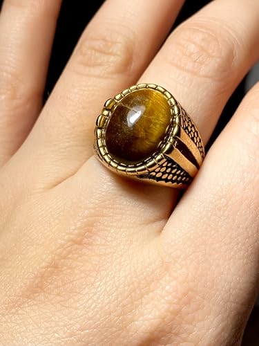 Men’s Gold Tiger Eye Ring – 14K Finish Stainless Steel Oval Gem Punk Biker Pinky Band, Vintage Retro Heavy Signet Jewelry