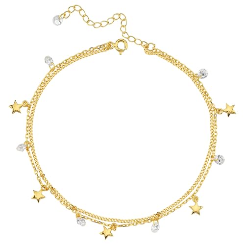 18K Gold Vermeil Double Chain Anklet, Beaded Summer Ankle Bracelet for Women – Beach Jewelry Gift, Dainty Layered Anklet
