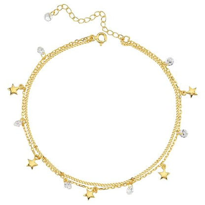 18K Gold Vermeil Double Chain Anklet, Beaded Summer Ankle Bracelet for Women – Beach Jewelry Gift, Dainty Layered Anklet