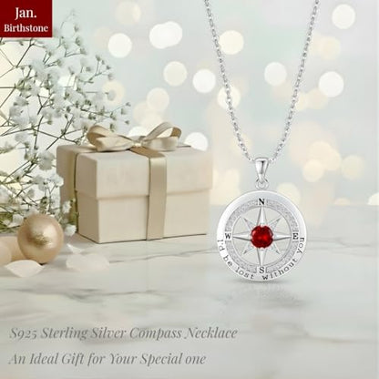 Compass Necklace for Women Wife Girlfriend Mom Daughter Gifts | S925 Silver Jewelry For Anniversary 18K Rose Gold Gifts For Birthday Christmas Mothers Valentines Day 12 Birthstones - style: 01-January-Silver