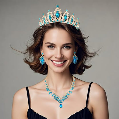 Crowns and Tiaras jewelry sets for Wedding princess birthday party Halloween Prom Pageant Jewelry for Women Crystal Bridal Jewelry Set for women - color: Golden lake blue