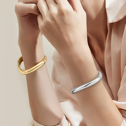 Emibele Gold Bangles for Women, 2PCS Irregular Chunky Gold Bracelet Hinged Open Bangle Bracelets for Women, Fashion Wide Arm Cuff Minimalist Chunky Jewelry Gifts for Valentine Christmas Birthday - style: A Gold Silver