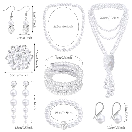Pearl Jewelry Set for Women Faux Pearl Costume Jewelry Set with Necklace, Bracelets, Ring, Earrings for Wedding Bridal Birthday Tea Party - color: 8Pcs White